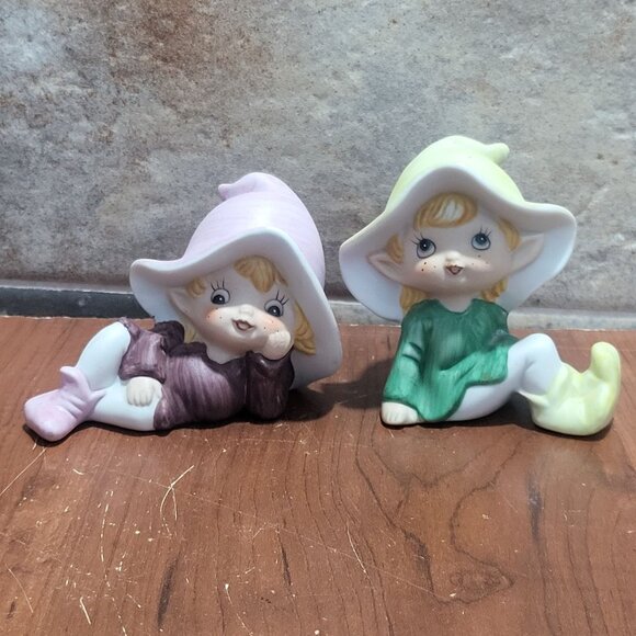 Vintage Homco Pixie Elf Figurines 5213 Bisque Set of 2 - Picture 1 of 11